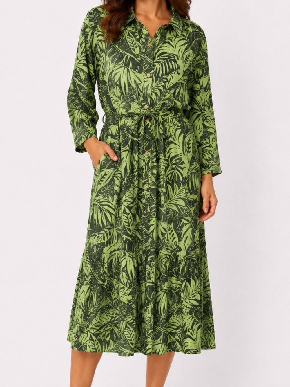 Appleseed's Tropical Green Leaf Print Button-Front Midi Dress 16 pockets